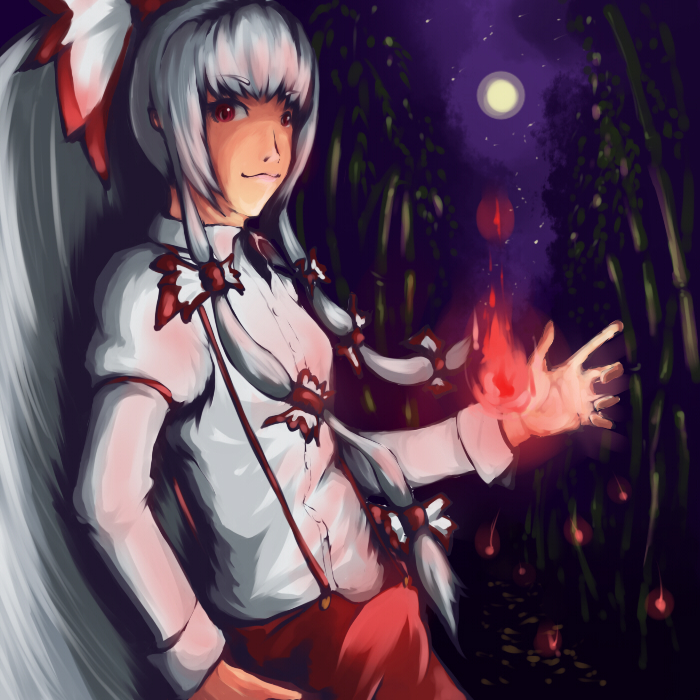 avocado_(artist) bamboo bow fire fujiwara_no_mokou hair_bow hair_ribbon long_hair moon night night_sky pants red_eyes ribbon shirt silver_hair sky smile suspenders touhou white_shirt