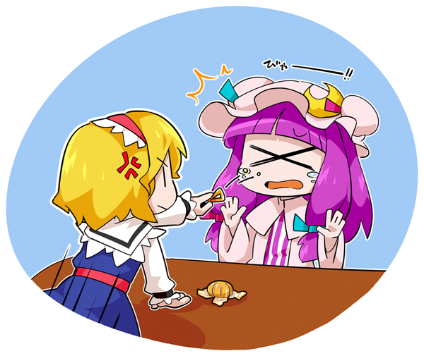 2girls alice_margatroid anger_vein back blonde_hair byourou chibi crescent food fruit hair_ornament hair_ribbon hat long_hair mob_cap multiple_girls open_mouth orange patchouli_knowledge purple_hair ribbon round_image short_hair table touhou x_x