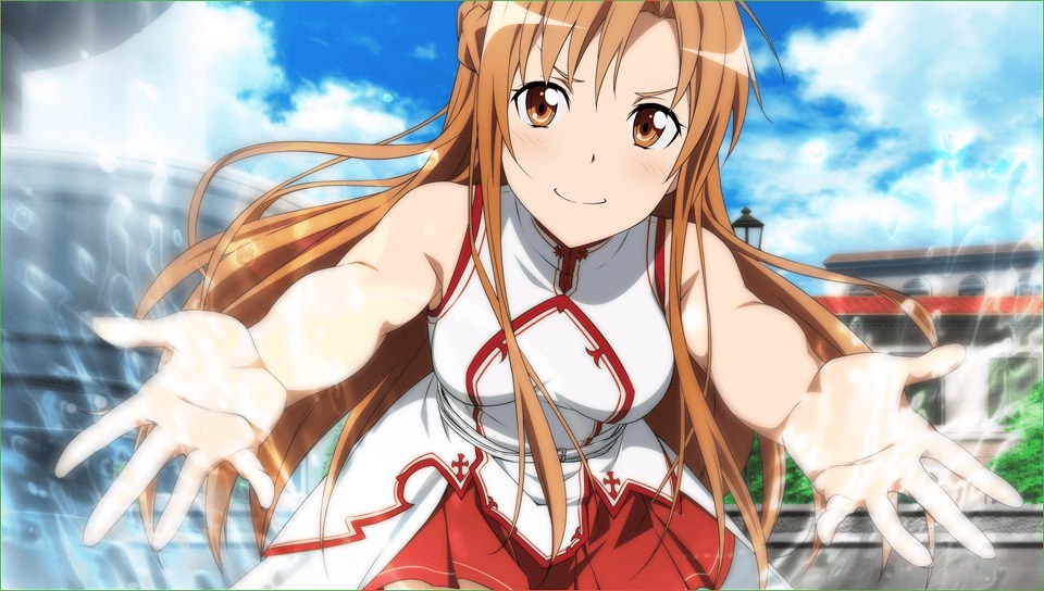 1girl asuna_(sao) brown_eyes brown_hair fountain game_cg long_hair looking_at_viewer outstretched_arms skirt smile solo spread_arms sword_art_online sword_art_online:_hollow_fragment water yuuki_asuna