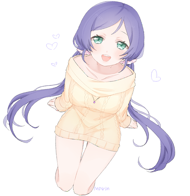 1girl artist_name blush green_eyes heart long_hair looking_at_viewer love_live!_school_idol_project marin_(myuy_3) purple_hair simple_background smile solo sweater toujou_nozomi twintails white_background