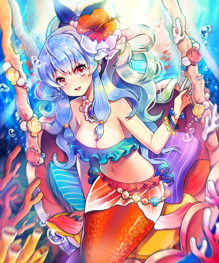 1girl bare_shoulders blue_hair blush bracelet breasts bubble cleavage coral cushion flower frills hair_flower hair_ornament hair_ribbon jewelry long_hair mermaid monster_girl nail_polish navel necklace parfait_(ryunghu) parted_lips payot red_eyes ribbon shell shirt sitting solo sparkle star sword_girls underwater very_long_hair water
