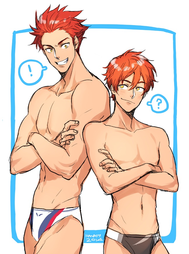 ! 2boys ? artist_name border brothers crossed_arms dated free! grin height_difference hip_lines kanapy male mikoshiba_momotarou mikoshiba_seijuurou multiple_boys muscle navel no_nipples orange_hair short_hair siblings simple_background smile standing swim_briefs swimsuit yellow_eyes