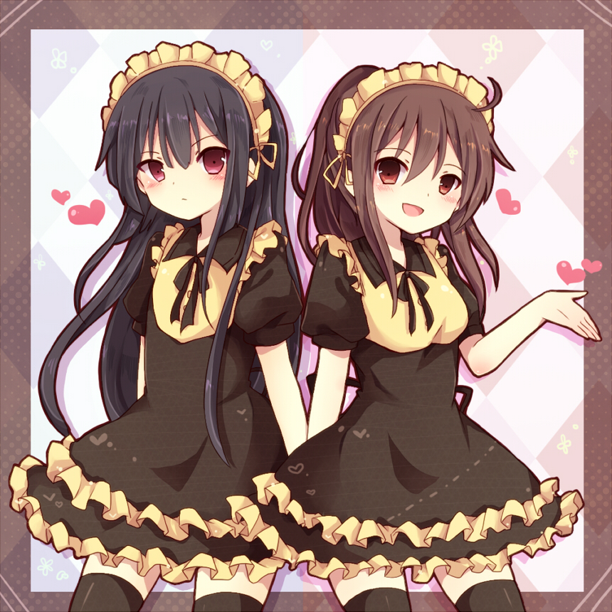 1boy 1girl ahoge akasaka_ryuunosuke aoyama_nanami black_hair black_legwear brown_eyes brown_hair long_hair maid maid_headdress sakura-sou_no_pet_na_kanojo thighhighs trap uguisu_mochi_(ykss35) zettai_ryouiki