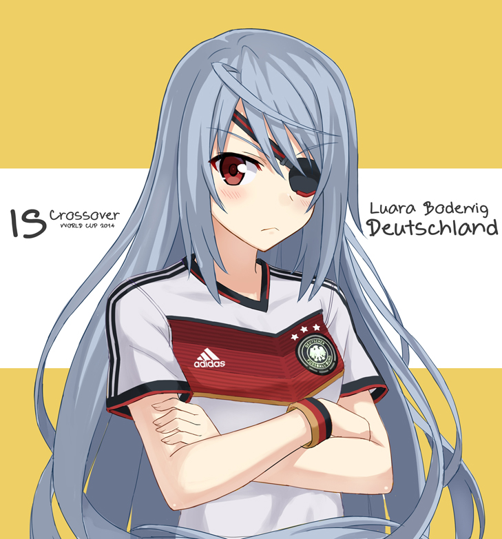 &gt;:( 1girl 2014_fifa_world_cup adidas blush character_name crossed_arms eyepatch german germany infinite_stratos laura_bodewig long_hair looking_at_viewer npcpepper red_eyes silver_hair soccer soccer_uniform solo sportswear world_cup wristband
