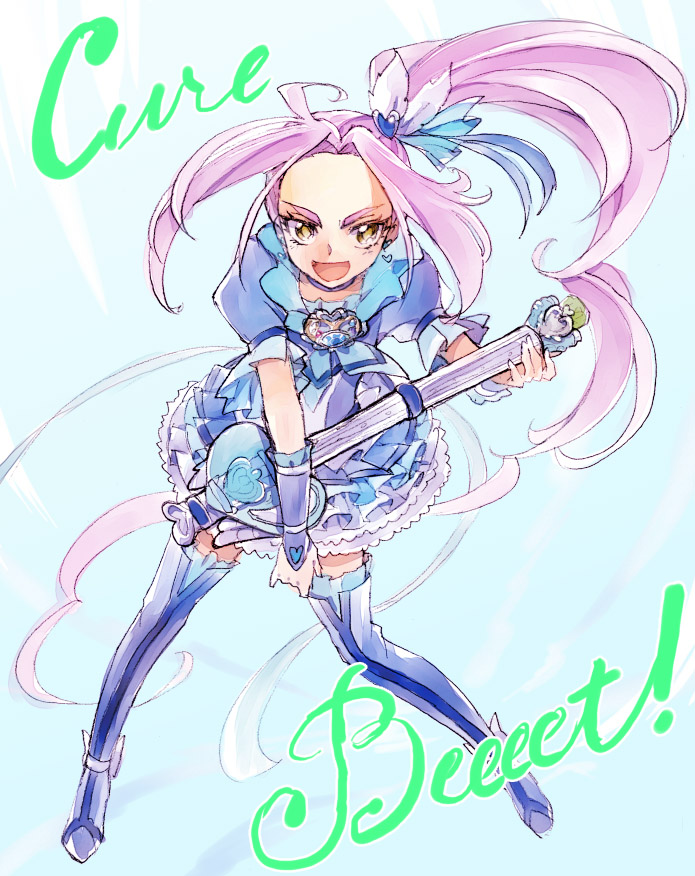 1girl ahoge blue blue_background blue_dress blue_legwear boots character_name choker cure_beat dress earrings engrish eyelashes female frilled_dress frills guitar hair_ornament happy heart heart_hair_ornament instrument jewelry kurochiroko kurokawa_eren long_hair looking_at_viewer magical_girl open_mouth ponytail precure puffy_sleeves purple_hair ranguage ribbon seiren_(suite_precure) side_ponytail simple_background smile solo standing suite_precure thigh-highs thigh_boots wrist_cuffs yellow_eyes zettai_ryouiki