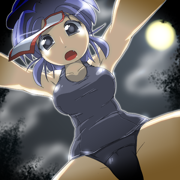 1girl alternate_costume beret blue_eyes blue_hair breasts commentary_request fang from_below full_moon hat jiangshi large_breasts looking_at_viewer miyako_yoshika moon night ofuda open_mouth outstretched_arms school_swimsuit short_hair sky solo swimsuit touhou winn zombie_pose