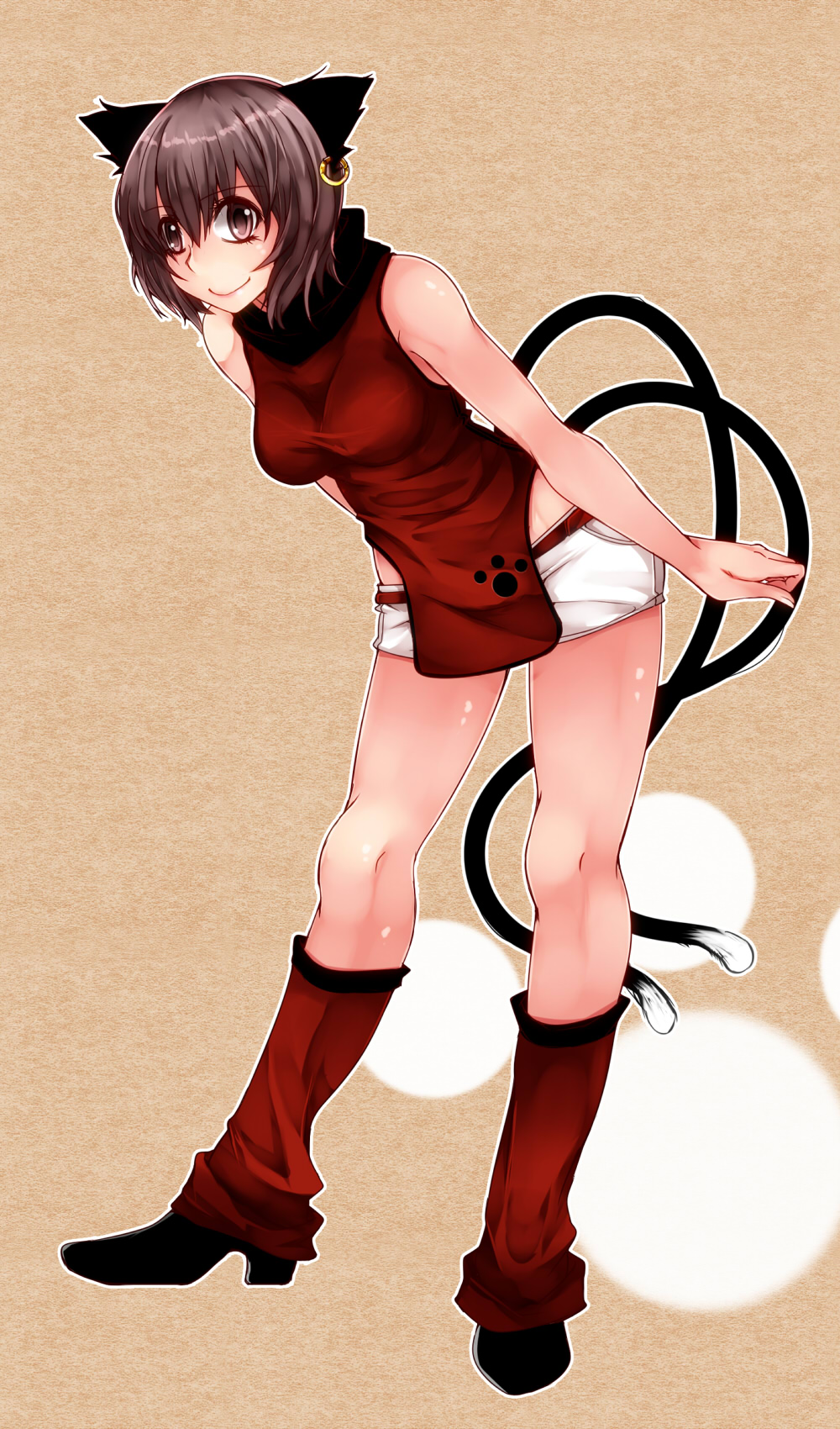 1girl animal_ears aoshima boots breasts brown_eyes brown_hair cat_ears cat_tail chen dress full_body highres jewelry leaning_forward looking_at_viewer multiple_tails short_hair short_shorts shorts single_earring sleeveless sleeveless_dress smile solo tail thighs touhou turtleneck two_tails