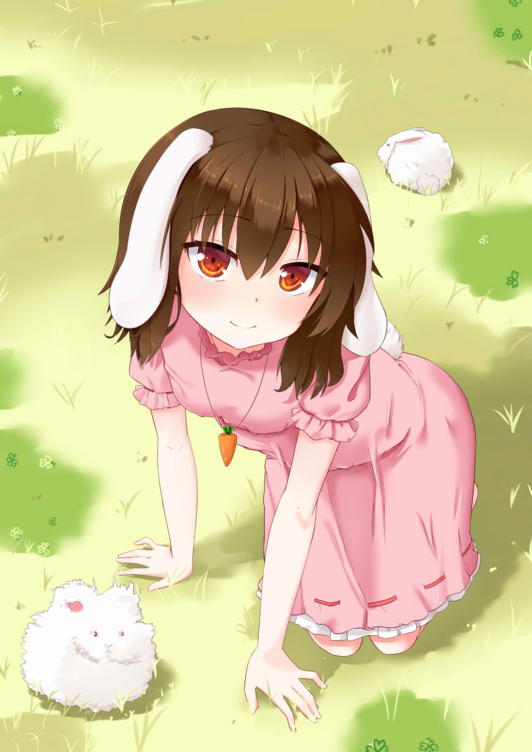 1girl all_fours angora_rabbit animal_ears brown_hair bunny_tail carrot_necklace clover dress four-leaf_clover grass hazao_(luckytewi) highres inaba_tewi looking_at_viewer pink_dress rabbit_ears red_eyes shadow short_hair short_sleeves smile solo tail touhou