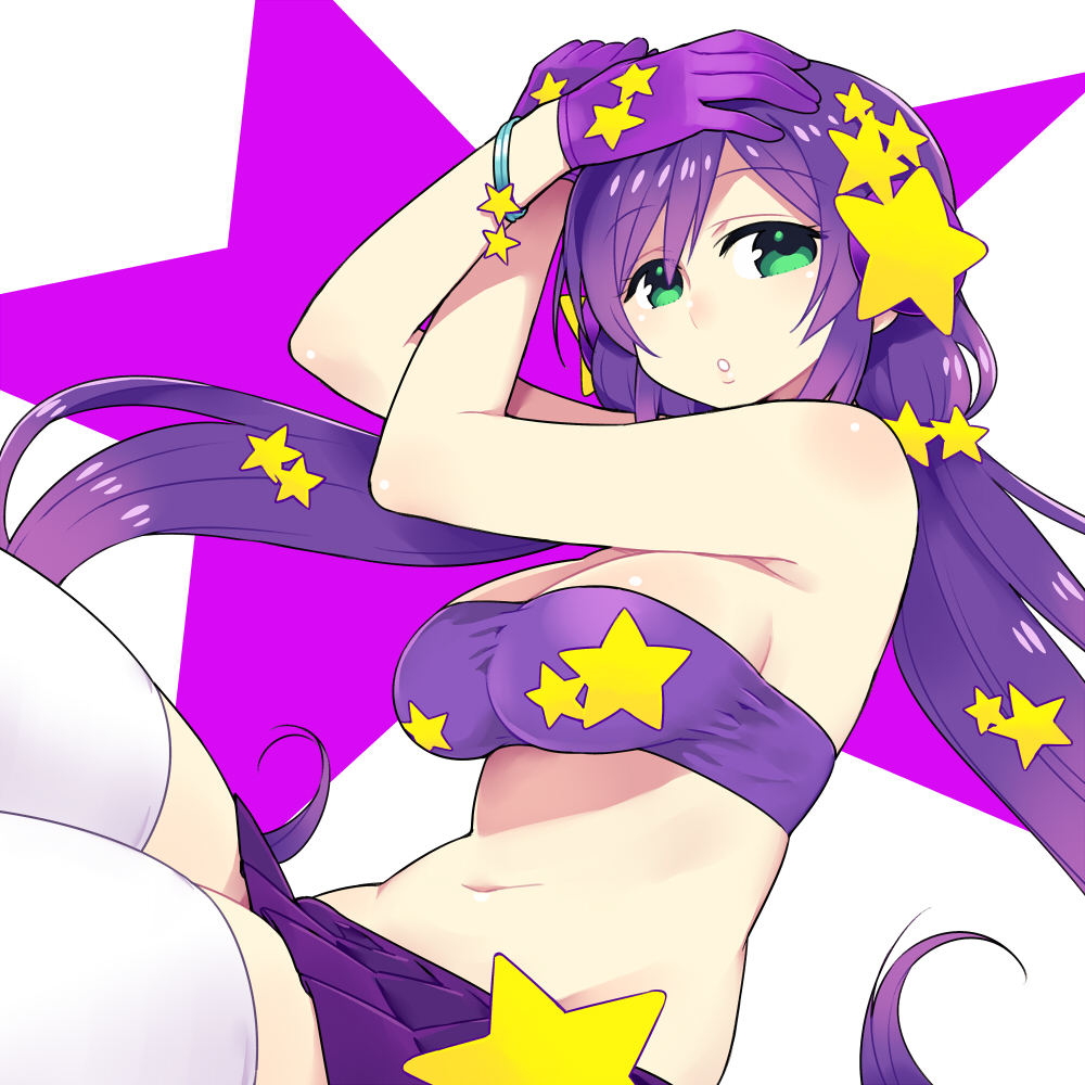 1girl blush breasts chan_co green_eyes large_breasts long_hair looking_at_viewer love_live!_school_idol_project navel purple_gloves purple_hair revision skirt solo star thigh-highs toujou_nozomi tubetop twintails white_legwear zettai_ryouiki