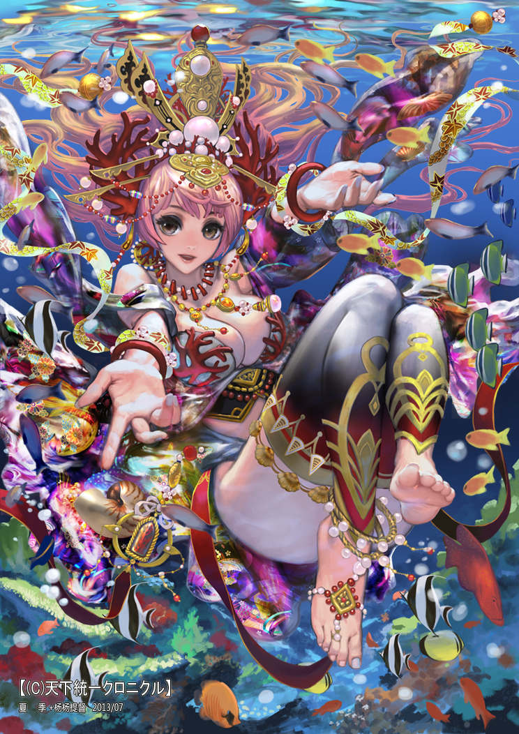 1girl anklet barefoot barefoot_sandals bracelet breasts brown_eyes cleavage feet fish glasses headdress jewelry lips long_hair nautilus_(animal) necklace original pink_hair semi-rimless_glasses skirt smile soles solo thigh-highs toes under-rim_glasses xiaji