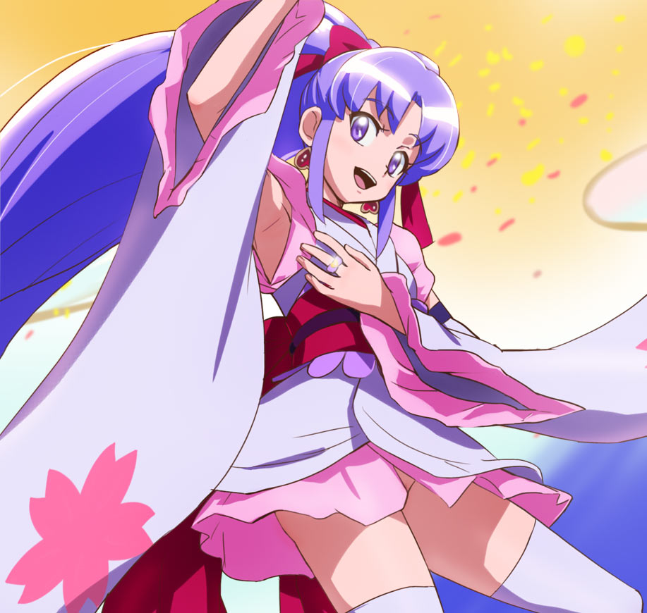 1girl alternate_form anmitsu_komachi cure_fortune happinesscharge_precure! haruyama_kazunori hikawa_iona long_hair looking_at_viewer open_mouth ponytail precure purple_hair solo thigh-highs violet_eyes wide_sleeves