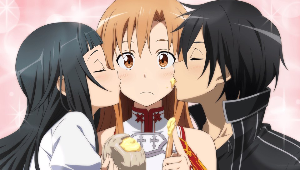 1boy 2girls asuna_(sao) blush cream food food_on_face game_cg kirito kiss long_hair multiple_girls simple_background sword_art_online sword_art_online:_hollow_fragment yui_(sao) yuuki_asuna