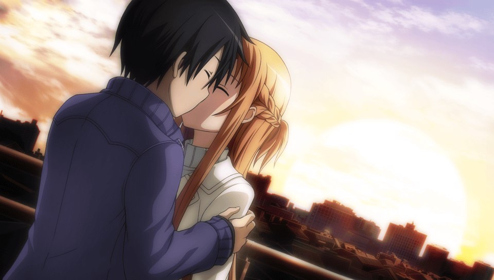 1boy 1girl asuna_(sao) brown_eyes brown_hair casual closed_eyes game_cg hug kirito kiss long_hair sky sunset sword_art_online sword_art_online:_hollow_fragment yuuki_asuna