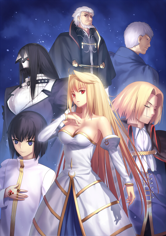 1girl 5boys archetype_earth arcueid_brunestud bare_shoulders breasts cleavage closed_eyes detached_sleeves gransurg_blackmore kishua_zelretch_schweinorg long_hair melty_blood merem_solomon multiple_boys nrvnqsr_chaos parted_lips taut_clothes tsukihime tsukikanade wallachia