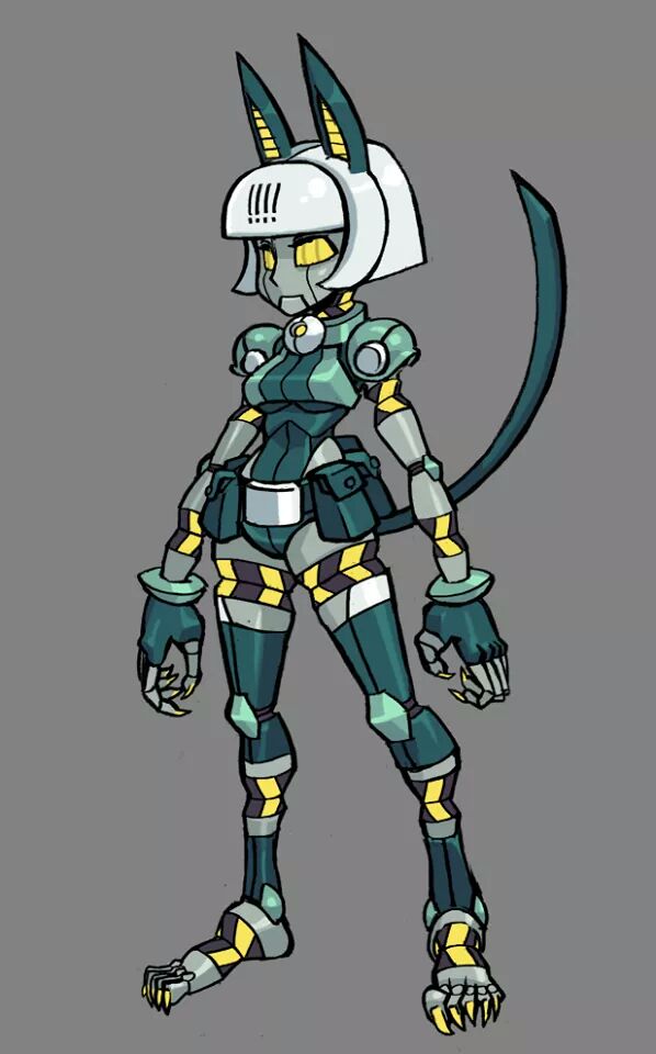 1girl animal_ears bob_cut cat_ears cat_tail fingernails no_pupils official_art robo-fortune robot robot_joints sharp_fingernails sharp_toenails silver_hair skullgirls solo tail toes yellow_eyes