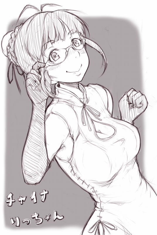 1girl adjusting_glasses akizuki_ritsuko antenna_hair breasts bun_cover china_dress chinese_clothes cleavage cleavage_cutout dress elbow_gloves glasses gloves hair_bun idolmaster ina_(gokihoihoi) large_breasts payot semi-rimless_glasses short_hair sketch sleeveless sleeveless_dress smile solo under-rim_glasses