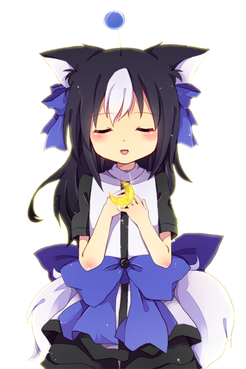 1girl animal_ears black_hair bow character_request crescent dog_ears dog_tail hair_bow hair_ornament hair_ribbon hands_on_own_chest long_hair looking_at_viewer multicolored_hair ribbon solo tail towelket_wo_mou_ichido two-tone_hair uguisu_mochi_(ykss35)