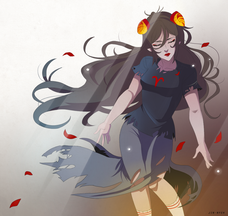 1girl aradia_megido black_hair closed_eyes gradient gradient_background grey_skin homestuck horns jin-nyeh lipstick long_hair makeup petals skirt solo torn_clothes torn_skirt