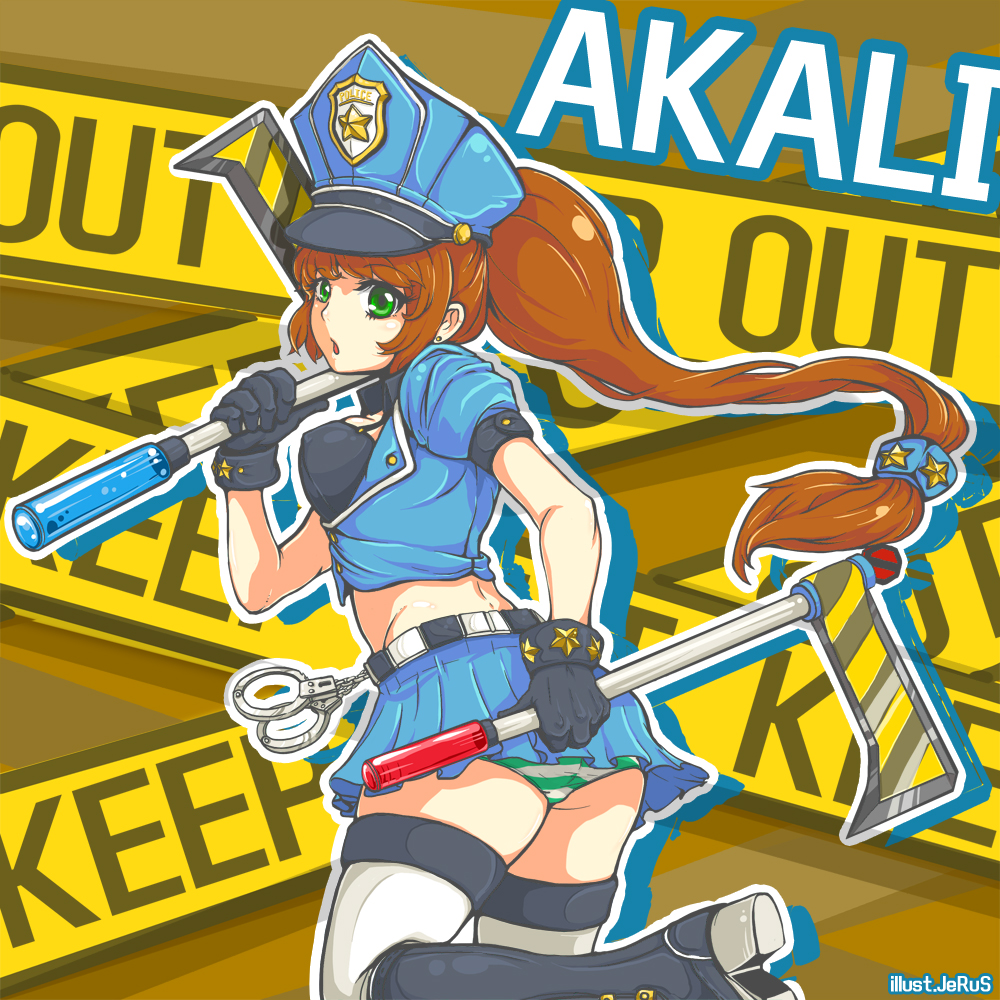1girl akali brown_hair cuffs green_eyes handcuffs hat kama_(weapon) league_of_legends long_hair looking_at_viewer microskirt midriff open_mouth panties pantyshot police police_hat police_uniform ponytail sickle skirt solo star striped striped_panties thigh-highs trombe underwear uniform