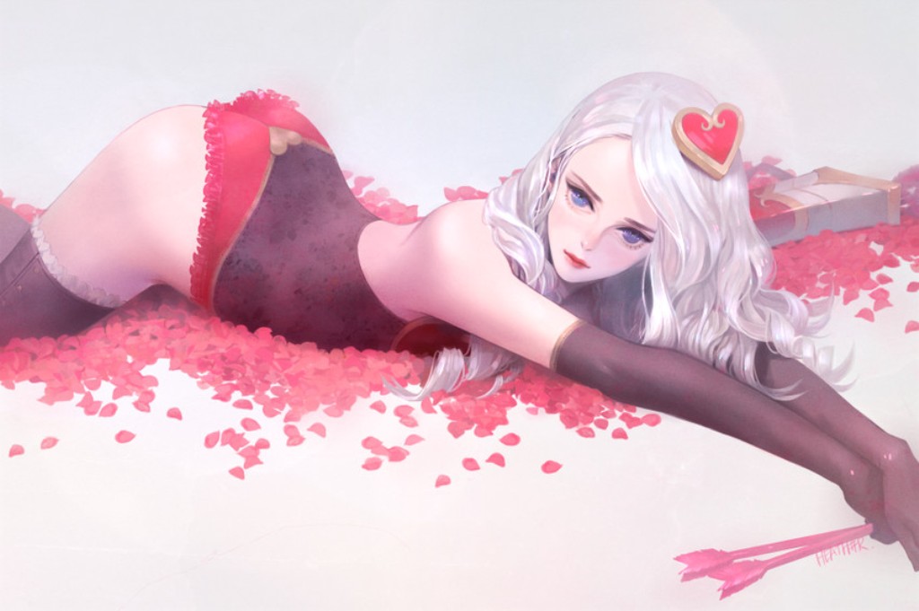 1girl alternate_costume arched_back arrow artist_name ashe_(league_of_legends) ass black_gloves blue_eyes elbow_gloves gloves hair_ornament heart_hair_ornament heather37 league_of_legends lips long_hair looking_at_viewer lying on_stomach petals silver_hair solo