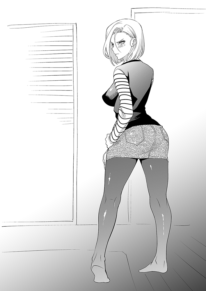 1girl android_18 ass blush breasts denim_skirt dragon_ball dragon_ball_z from_behind looking_back monochrome ookami_ryousuke pantyhose shiny shiny_clothes shirt short_hair skirt solo striped striped_shirt