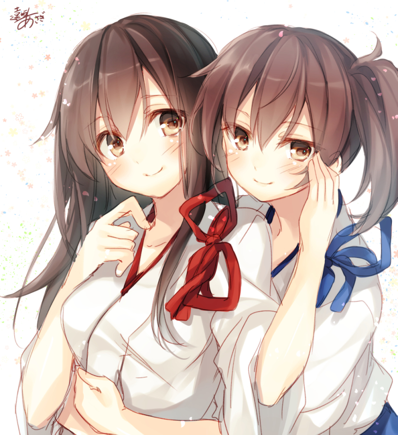 2girls akagi_(kantai_collection) brown_eyes brown_hair hand_on_another's_cheek hand_on_another's_face hug hug_from_behind japanese_clothes kaga_(kantai_collection) kantai_collection long_hair looking_at_viewer multiple_girls side_ponytail signature sketch smile tagme toosaka_asagi