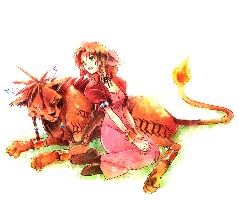 1girl :d aerith_gainsborough animal bracelet brown_hair cropped_jacket dress feathers final_fantasy final_fantasy_vii green_eyes jewelry kneeling long_hair open_mouth payot pink_dress ponytail red_xiii scar shoes smile takanamushi tattoo v_arms white_background