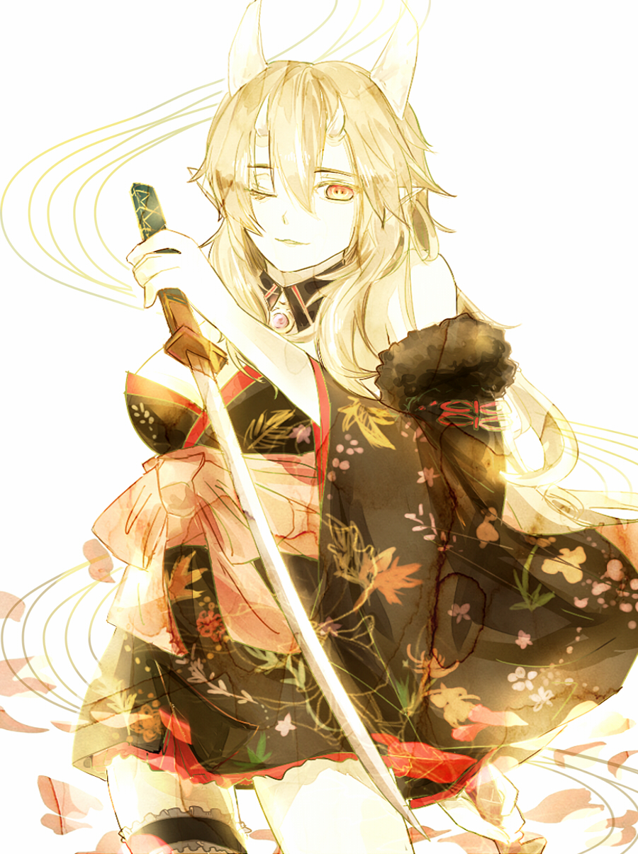 1girl ayakashi_onmyouroku bare_shoulders blonde_hair bow breasts colored_eyelashes demon_girl demon_horns detached_collar floral_print frills fur_trim highres holding_sword holding_weapon horns japanese_clothes katana kimono leg_band long_hair long_sleeves off_shoulder one_eye_closed open_mouth parted_lips pink_bow red_eyes shiku_(49) shuten_douji_(ayakashi) simple_background solo sword weapon white_background