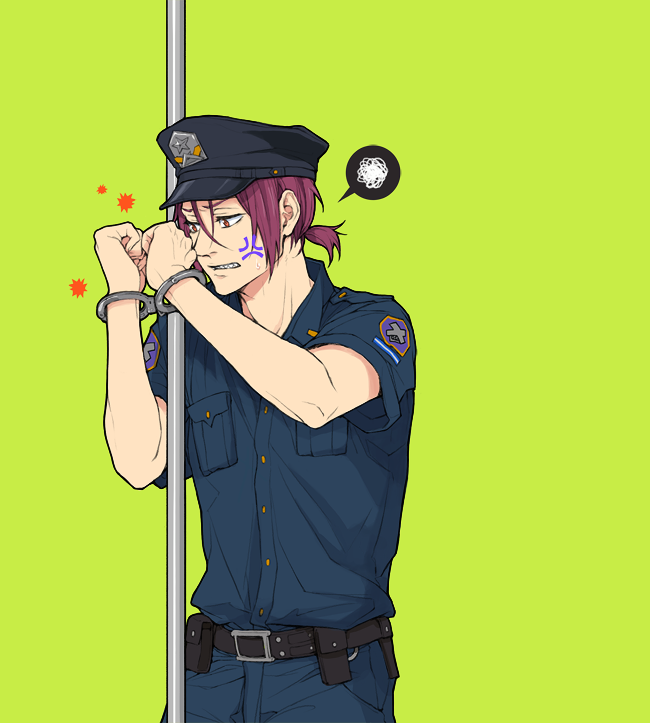 1boy anger_vein cuffs free! future_fish green_background handcuffs hat male matsuoka_rin pole police police_hat police_uniform ponytail red_eyes redhead spoken_squiggle squiggle twoframe uniform