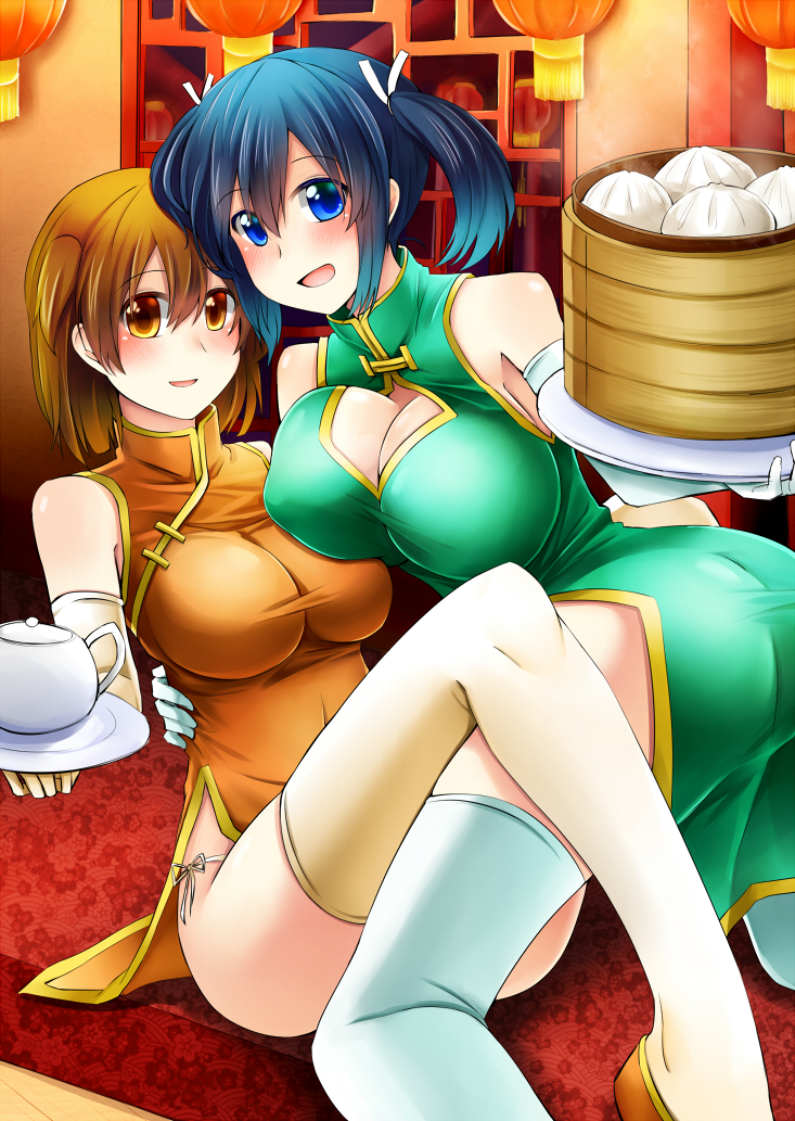 2girls ass blue_eyes blue_hair blush breasts brown_eyes brown_hair china_dress chinese_clothes cleavage cleavage_cutout elbow_gloves food gloves hiryuu_(kantai_collection) huge_breasts kantai_collection large_breasts multiple_girls open_mouth panties ray83222 ribbon short_hair side-tie_panties side_ponytail smile souryuu_(kantai_collection) teapot thigh-highs tray twintails underwear