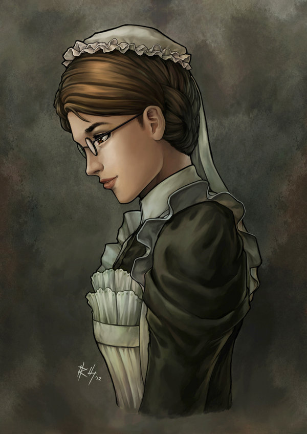 1girl apron brown_eyes brown_hair bust emma glasses hair_up lips maid maid_apron maid_headdress nose profile richard_suwono round_glasses solo victorian_romance_emma