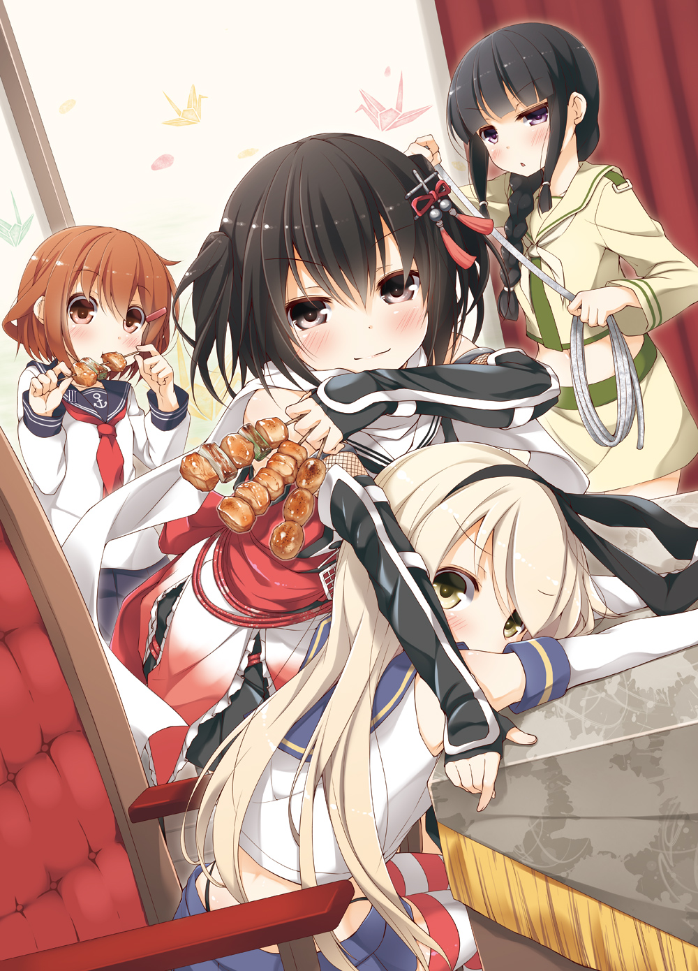 4girls bangs black_eyes black_gloves black_hair black_panties blonde_hair blunt_bangs blush braid brown_eyes brown_hair chair desk eating elbow_gloves fingerless_gloves food gloves green_eyes hair_ornament highleg highleg_panties highres hime_cut ikazuchi_(kantai_collection) kantai_collection kebab kitakami_(kantai_collection) long_hair looking_at_viewer meat multiple_girls open_mouth panties payot rope school_uniform sendai_(kantai_collection) serafuku shimakaze_(kantai_collection) short_hair sitting skirt smile two_side_up underwear vegetable violet_eyes yume_no_owari