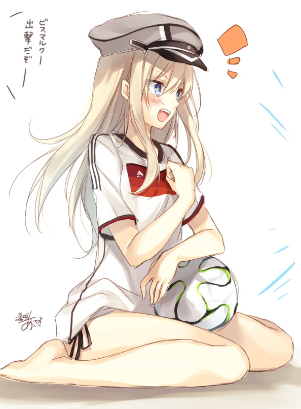 1girl 2014_fifa_world_cup alternate_costume artist_name ball bare_legs barefoot bismarck_(kantai_collection) blonde_hair blue_eyes blush brazuca germany hat kantai_collection long_hair open_mouth panties side-tie_panties sitting soccer soccer_ball soccer_uniform solo sportswear tears toosaka_asagi translated underwear world_cup