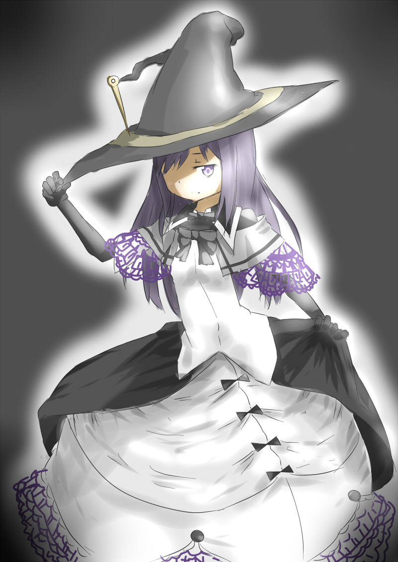 1girl akemi_homura black_gloves black_hair dress gloves hair_over_one_eye hat hat_tip homulilly long_hair magical_girl mahou_shoujo_madoka_magica mahou_shoujo_madoka_magica_movie simple_background solo spoilers violet_eyes witch_(madoka_magica) witch_hat