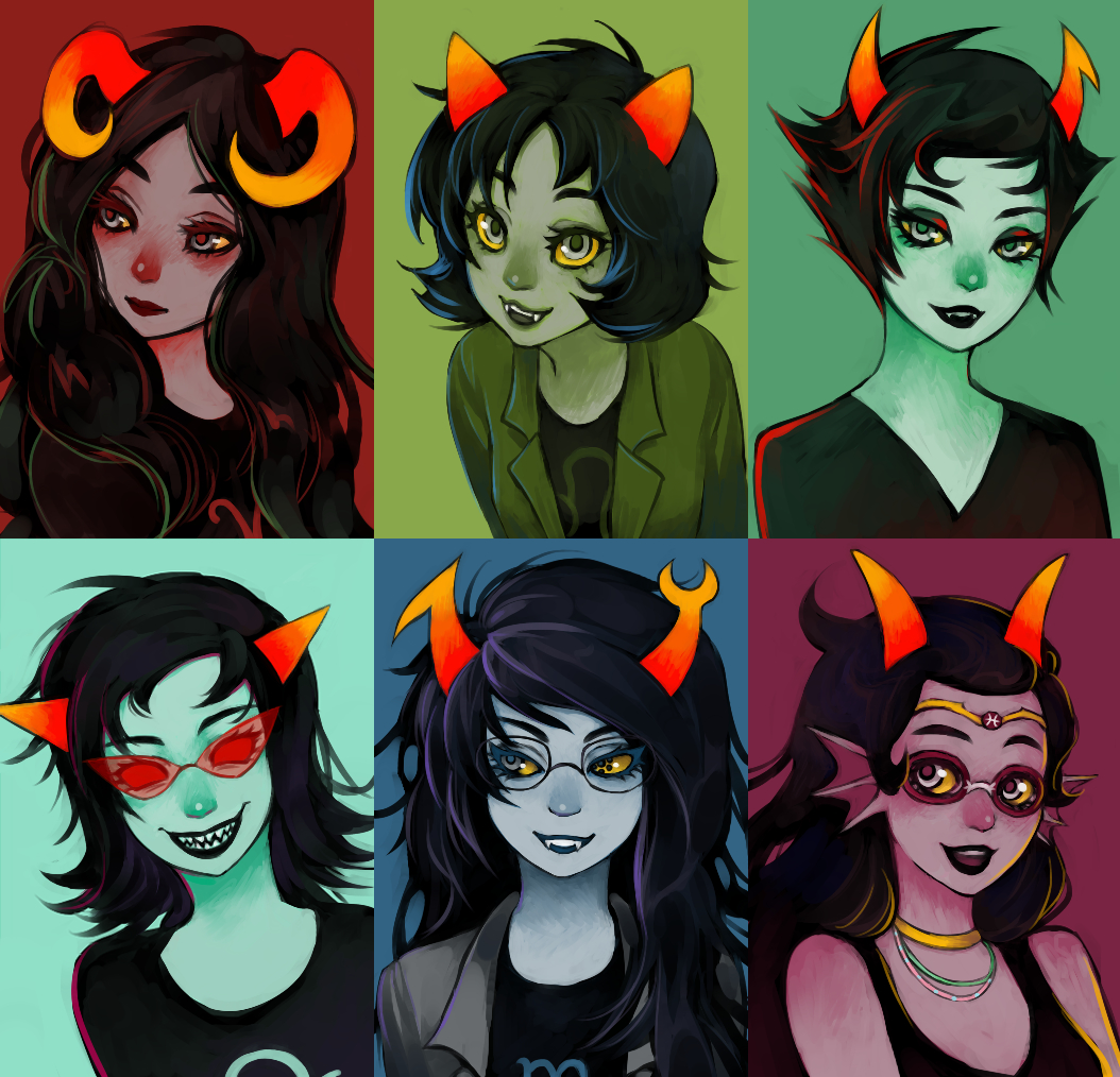 6+girls aradia_megido black_hair bust choker coat fangs feferi_peixes glasses goggles grey_eyes grey_skin homestuck horns jewelry kanaya_maryam lipstick long_hair makeup multiple_girls necklace nepeta_leijon realistic red_glasses red_sclera short_hair smile terezi_pyrope vriska_serket yellow_sclera