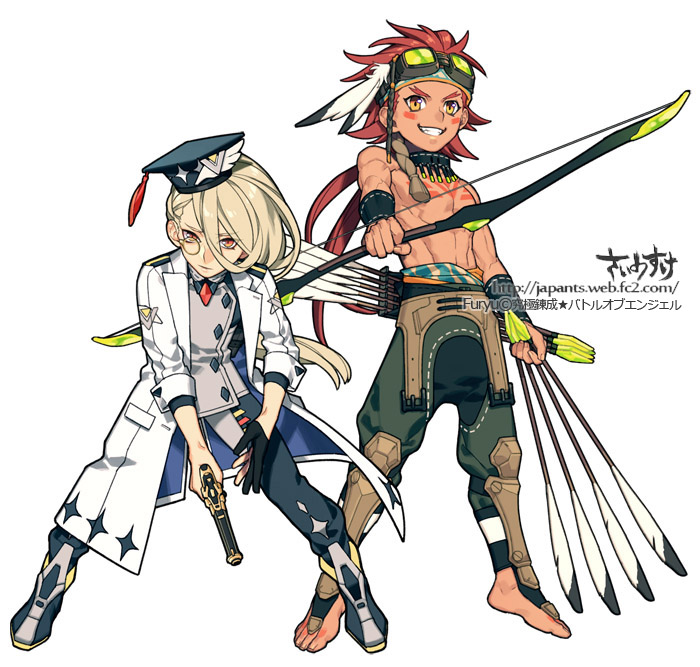2boys abs arrow artist_name barefoot blonde_hair boots bow_(weapon) dark_skin facial_mark feathers fingerless_gloves full_body gloves goggles goggles_on_head grin gun hat headband japants long_coat long_hair looking_at_viewer male monocle multiple_boys orange_eyes original pants ponytail redhead shirtless simple_background single_glove sleeves_rolled_up smile tassel toned weapon white_background wrist_cuffs