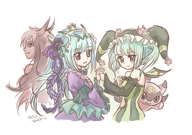 2girls :3 aqua_eyes aqua_hair artist_name astaroth_(shinrabanshou) bare_shoulders blue_bow choker creature crown dated drawn dress dual_persona flower frills green_dress hair_flower hair_ornament hairband hat heterochromia holding_hands interlocked_fingers jester_cap leaf long_hair long_sleeves multiple_girls open_mouth plant puffy_long_sleeves puffy_sleeves purple_dress purple_rose puzzle_&amp;_dragons rose short_hair signature smile text violet_eyes yummiclaire