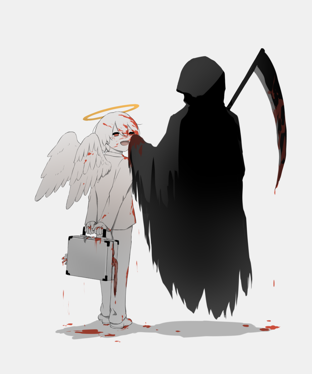 1boy 1other :d angel angel_wings arms_behind_back avogado6 blood blood_drip blood_on_face blood_splatter bloody_weapon colored_skin death_(entity) entrails feathered_wings guro halo highres holding holding_suitcase jacket open_mouth organs original pants red_eyes scythe shoes simple_background smile suitcase weapon white_background white_footwear white_hair white_jacket white_pants white_skin white_wings wings