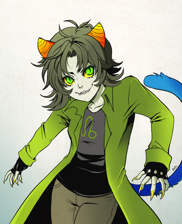 1girl animal_ears cat_ears claws fang fingerless_gloves gloves green_eyes green_hair grey_skin homestuck horns jin-nyeh nepeta_leijon short_hair smile solo tail yellow_sclera