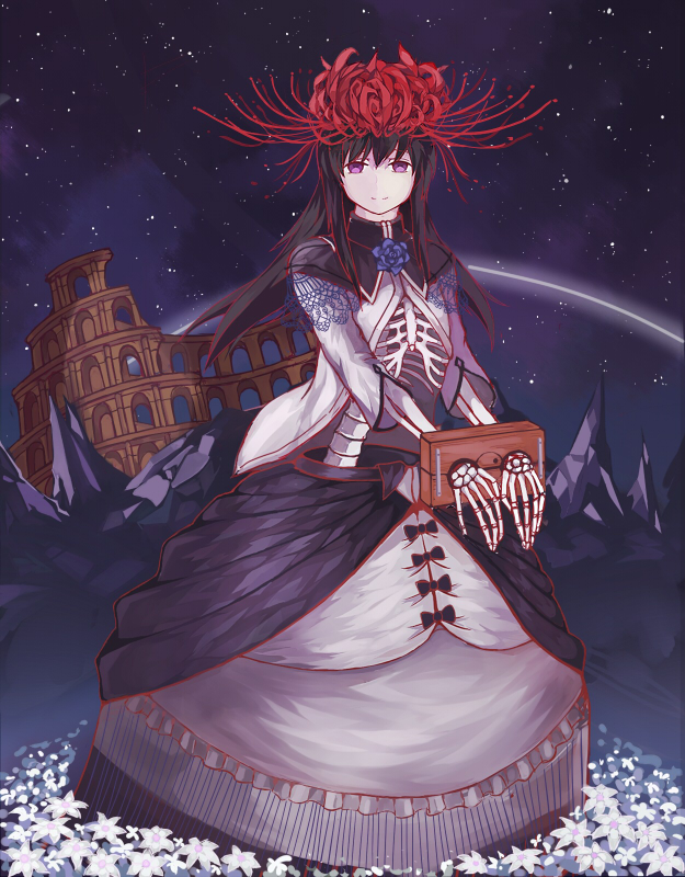 1girl akemi_homura black_hair dress flower homulilly long_hair looking_at_viewer mahou_shoujo_madoka_magica mahou_shoujo_madoka_magica_movie night night_sky ribs ruins skeletal_arm sky smile solo spider_lily spine spoilers star_(sky) stocks violet_eyes witch_(madoka_magica)