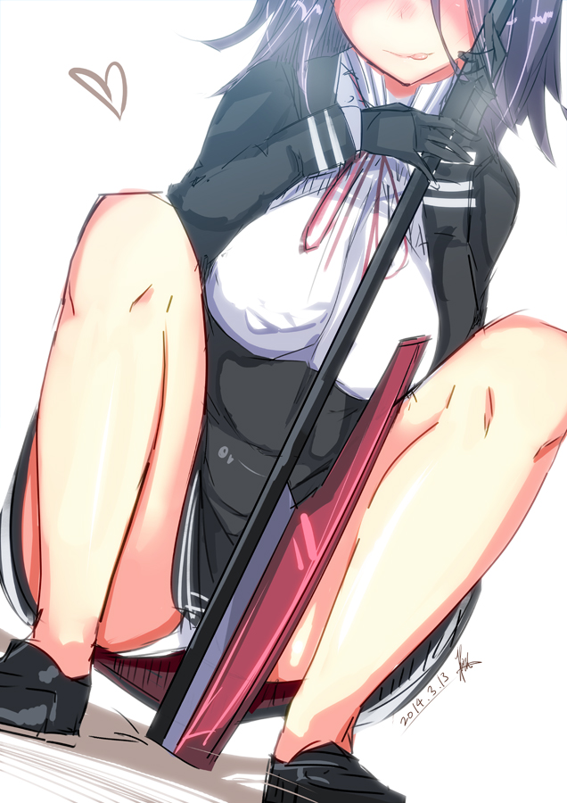 1girl artist_name black_dress black_gloves black_shoes blush breasts dated dress gloves heart holding holding_weapon kantai_collection large_breasts long_hair long_sleeves panties pantyshot pantyshot_(squatting) polearm purple_hair red_ribbon rib:y(uhki) ribbon shoes signature simple_background smile solo squatting tatsuta_(kantai_collection) tongue tongue_out underwear weapon white_background white_panties