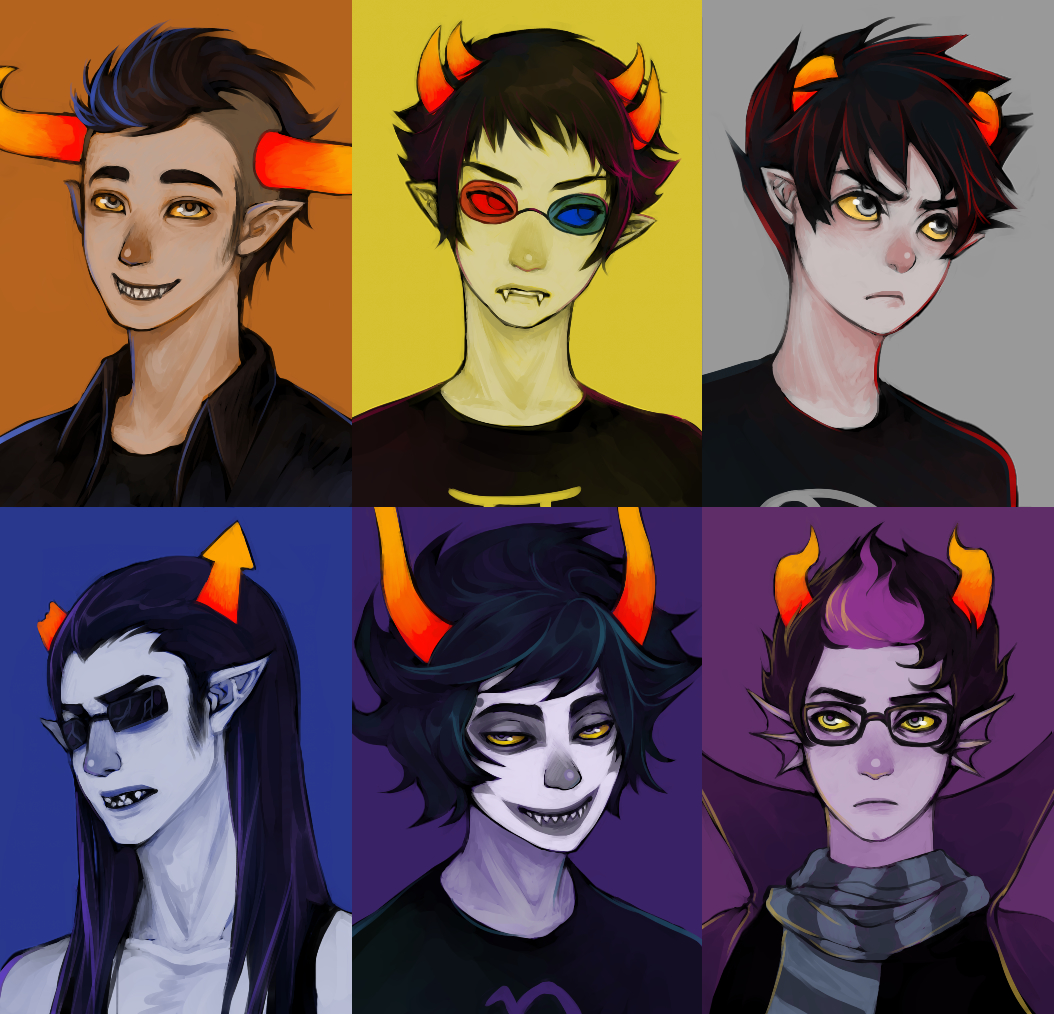 3d_glasses 6+boys black_hair bust cape equius_zahhak eridan_ampora fangs gamzee_makara glasses grey_skin homestuck horns karkat_vantas makeup mohawk multicolored_hair multiple_boys scarf sharp_teeth short_hair smile sollux_captor striped striped_scarf sunglasses sweater tank_top tavros_nitram two-tone_hair yellow_sclera