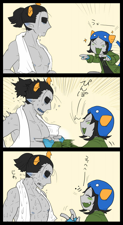 1boy 1girl black_hair clenched_teeth closed_eyes comic equius_zahhak fang fangs grey_skin hat homestuck horns nepeta_leijon nipple_press open_mouth ponytail short_hair silent_comic smile sunglasses sweat topless towel towel_around_neck