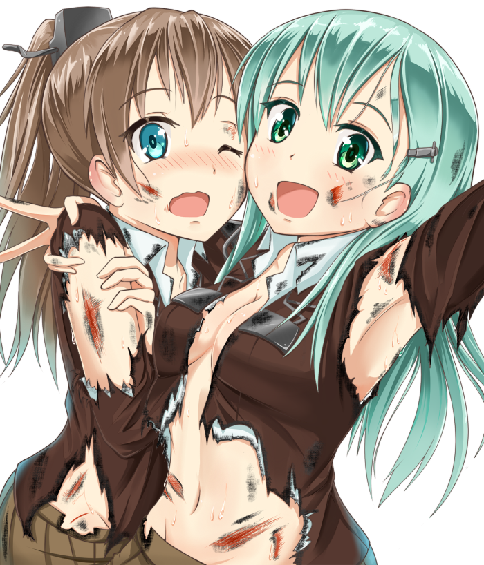 2girls :d aqua_eyes arm_up armpits blood breasts brown_hair cleavage green_eyes green_hair hair_ornament hairclip hand_on_another's_shoulder injury kantai_collection kumano_(kantai_collection) long_hair looking_at_viewer multiple_girls navel one_eye_closed open_mouth ponytail seraphwia smile suzuya_(kantai_collection) torn_clothes wavy_mouth white_background wound