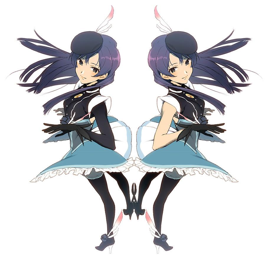 akiyoshi_haru beret character_request feathers gloves hat pantyhose purple_hair skirt