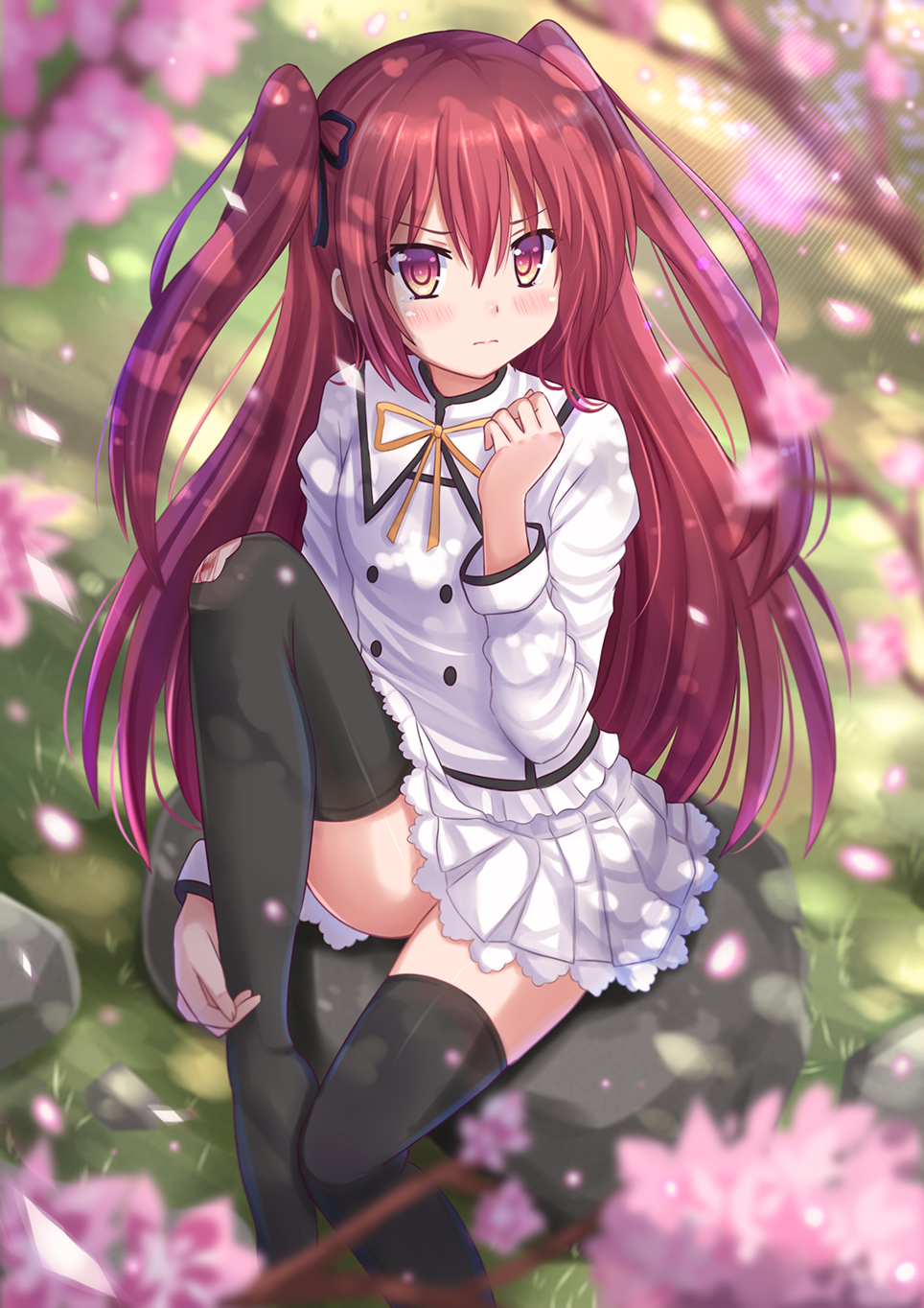 1girl black_legwear blush claire_rouge hair_ribbon highres kazenokaze knee_up long_hair looking_at_viewer petals red_eyes redhead ribbon school_uniform seirei_tsukai_no_blade_dance sitting solo thigh-highs torn_clothes torn_thighhighs two_side_up