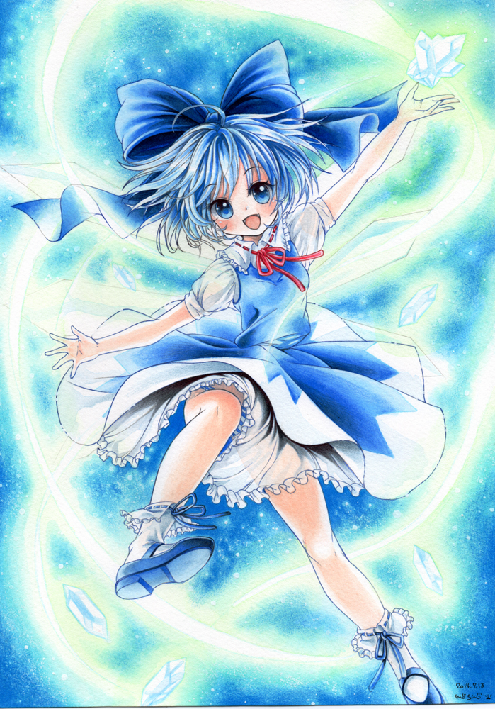 1girl ankle_socks blue_background blue_eyes blue_hair bow cirno colored_pencil_(medium) dated dress gradient gradient_background hair_bow ice jumping knee_up light_trail looking_at_viewer mary_janes mosho open_mouth outstretched_arms panties pantyshot pantyshot_(standing) petticoat ribbon ribbon-trimmed_legwear ribbon_trim shoes short_hair short_sleeves signature solo spread_arms standing striped striped_panties touhou traditional_media underwear watercolor_(medium) wings