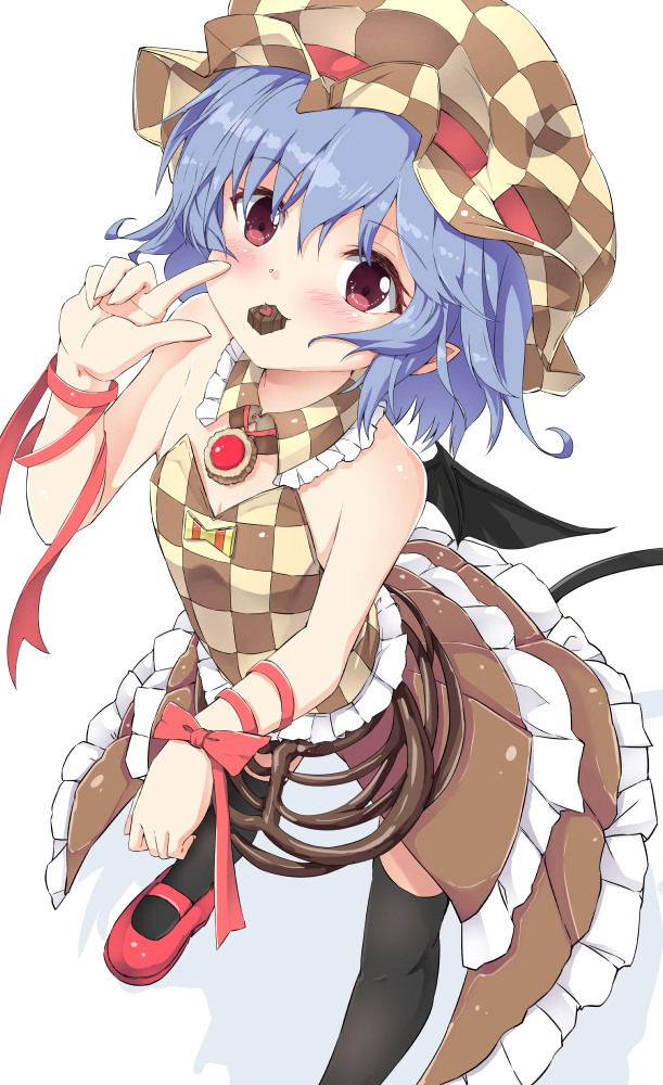 1girl alternate_costume bare_shoulders bat_wings black_legwear blue_hair blush checkered_dress checkered_hat chocolate dress hat hat_ribbon looking_at_viewer mob_cap mouth_hold noa_(nagareboshi) pink_eyes pointy_ears remilia_scarlet ribbon showgirl_skirt sleeveless solo strapless_dress thigh-highs touhou valentine wings wrist_ribbon