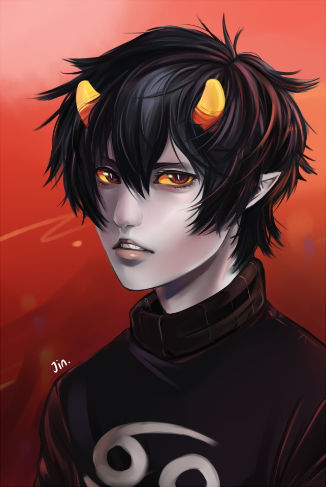 1boy black_hair bust fangs grey_skin homestuck horns jin-nyeh karkat_vantas looking_at_viewer open_mouth realistic red_background red_eyes sharp_teeth short_hair sweater yellow_sclera