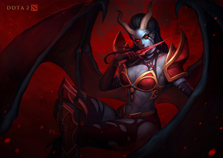 1girl abs akasha_the_queen_of_pain armor bikini_armor black_hair blood bloody_weapon blue_skin breasts dagger defense_of_the_ancients demon_girl demon_horns demon_wings dota_2 greaves horns licking_weapon long_hair pantyhose pointy_ears red_eyes richard_suwono sideboob solo succubus torn_clothes torn_pantyhose weapon wings